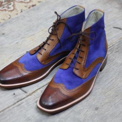 Long Boot Multi Color Wing Tip Brogue Suede..