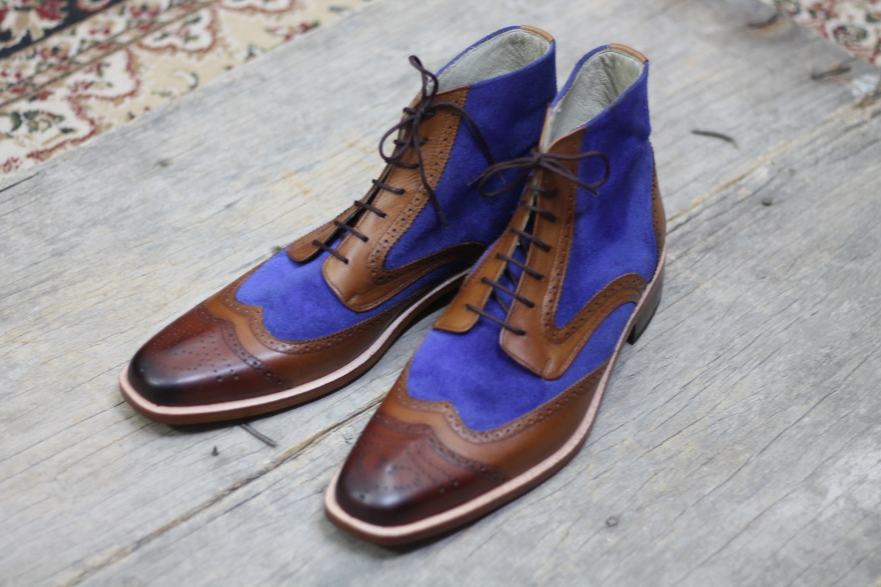 Long Boot Multi Color Wing Tip Brogue Suede Leather Man Shoes