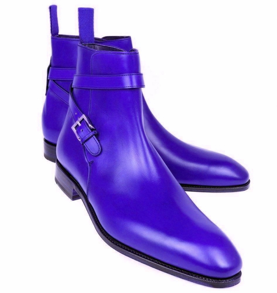 Jodhpur Boot Blue Patina Pointed Toe Back Pull Round Ankle Strap Men Leather Shoe