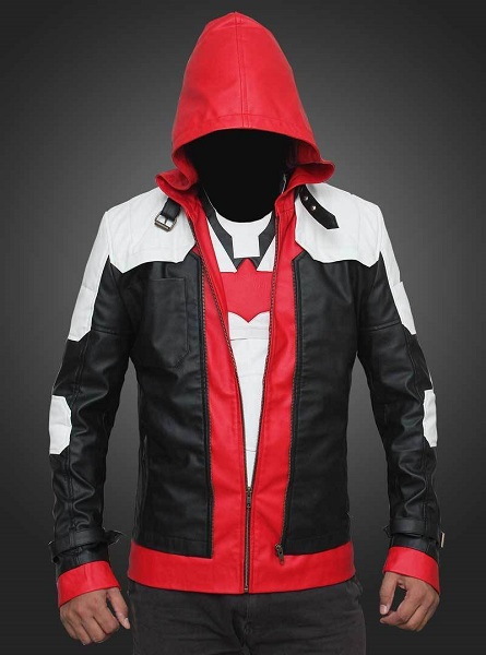 Men Red & White & Black Hood Leather Biker Jacket Double Zipper