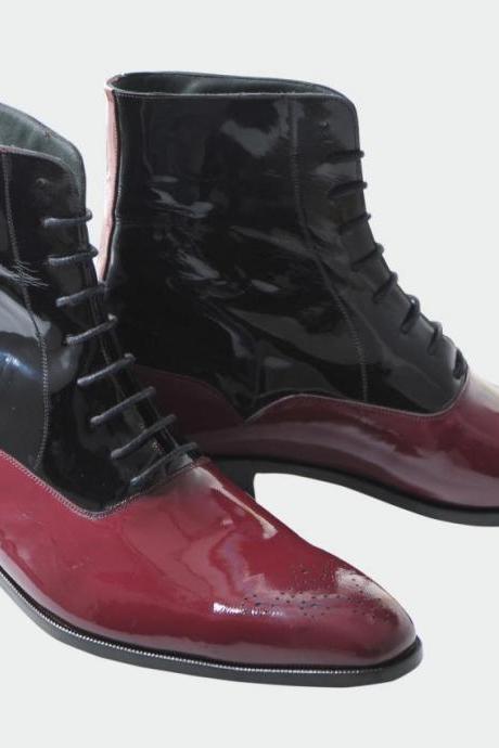 Long Ankle Boot Two Tone Brogue Lace Up Man Leather Shoes