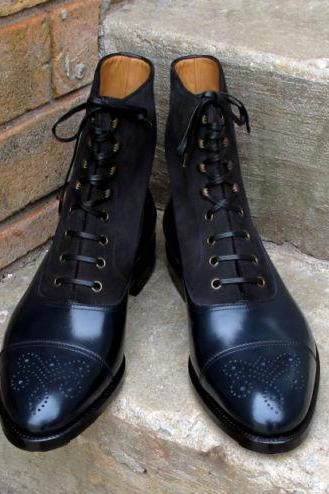 Long Boots Black Color Cap Toe Brogue Lace Up Man Leather Shoes