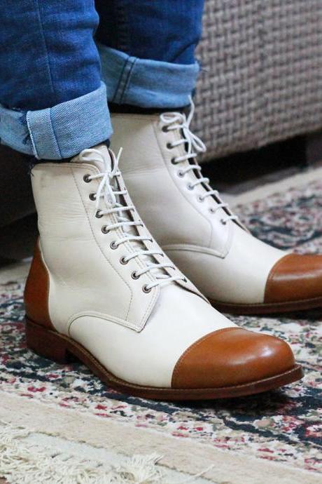Long Boot Two Tone Color Cap Toe Lace Up Men Leather Shoes