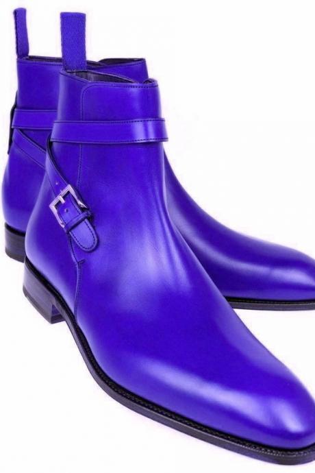 Jodhpur Boot Blue Patina Pointed Toe Back Pull Round Ankle Strap Men Leather Shoe