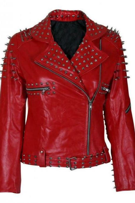New Handmade Women Red Fashion Studded Punk Style Leather Jacket