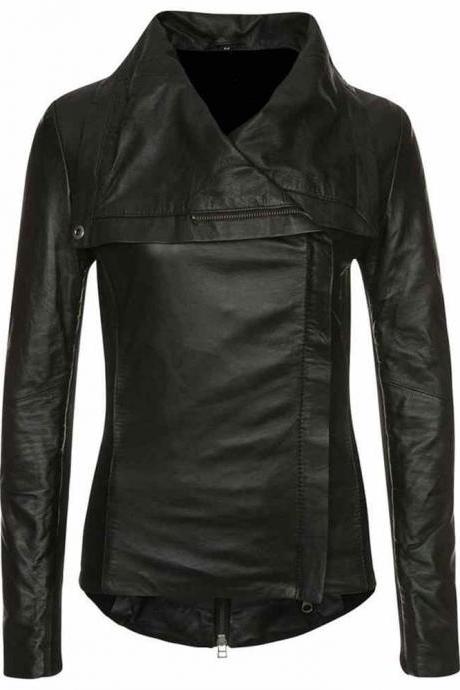Women Black Leather Jacket, Wide Collar Fashion Leather