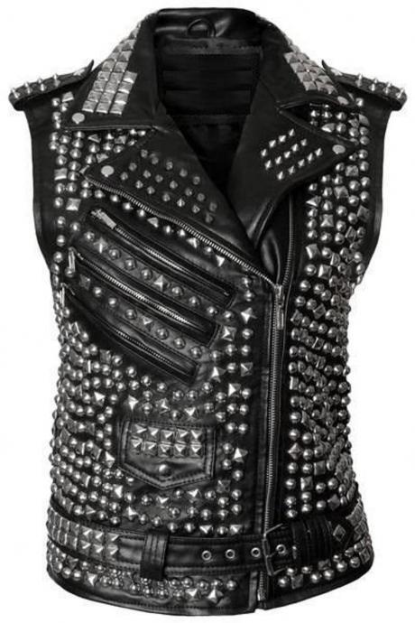 Woman Studded Leather Vest, Black Spike Belted Studs Zipper Brando Leather Vest