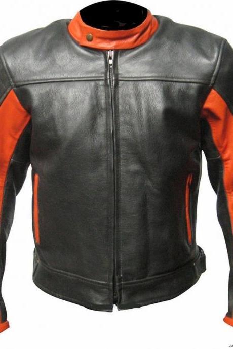 New Fashion Handmade Black & Orange Biker Leather Jacket 