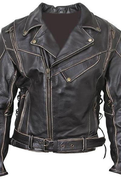 Men&amp;#039;s Classic Vintage Distressed Terminator Brando Biker Cowhide Leather Jacket