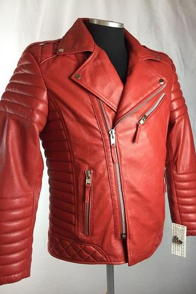 Men Genuine Lambskin Leather Biker Jacket Red Color Motorcycle Style