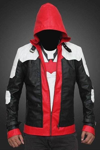 Men Red & White & Black Hood Leather Biker Jacket Double Zipper 