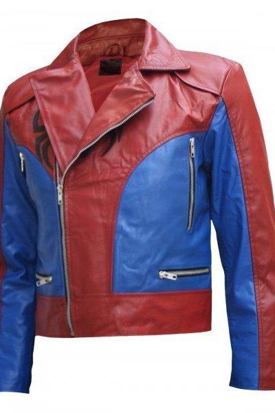 Fashion Biker The Amazing Spider M Leather Jacket Red &amp;amp; Sky Blue Color