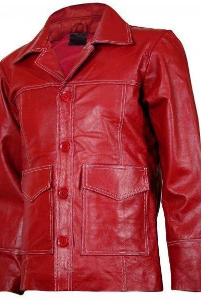Handmade Coat For Men Red Color Button Style Leather Coat