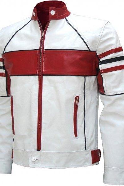 Handmade White &amp;amp; Red Color Men Biker Leather Biker Jacket