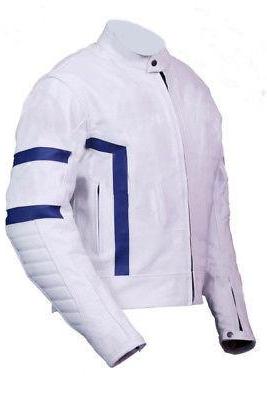 Handmade White Color With Blue Strip Leather Biker Jacket