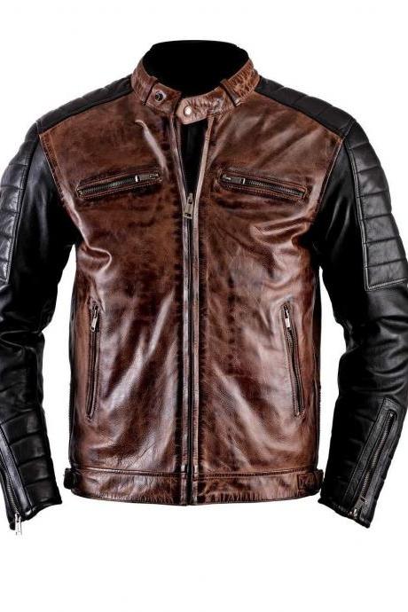 Men Biker Distressed Brown Black Color Leather Jacket