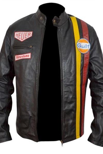 Men Black Color Biker Steve Mcqueen Grand Prix Gulf Leather Jacket