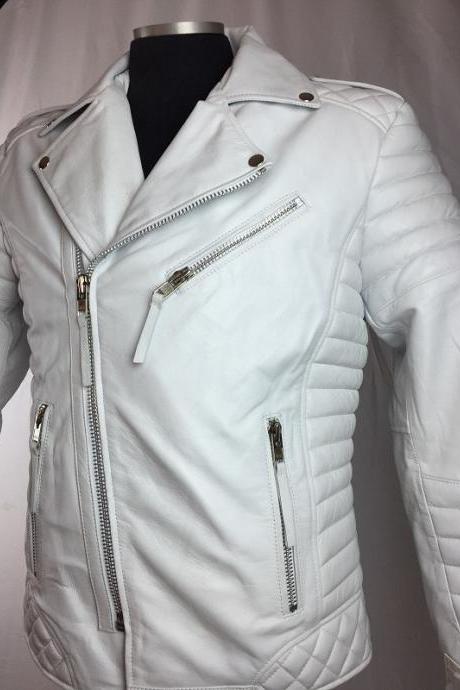 Handmade White Color Biker Leather Jacket For Men