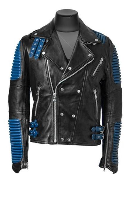 Slim Fit Biker Style Black &amp;amp; Blue Color Leather Jacket Men
