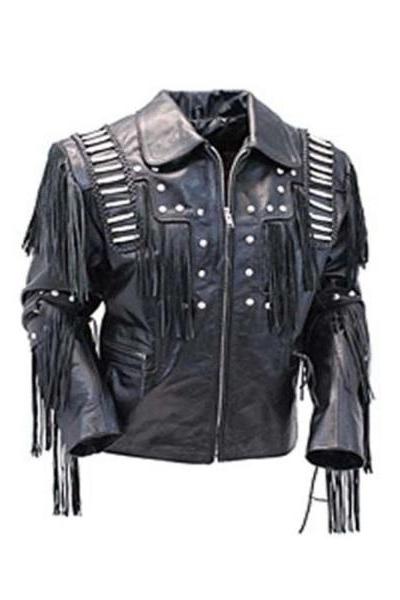 New Western Cowboy Black Color Coat Collar Leather Fringe Men Biker Jacket