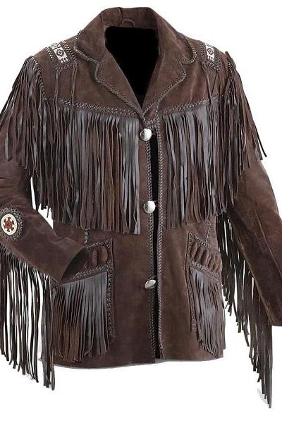 New Western Cowboy Dark Brown Color Coat Collar Leather Fringe Men Biker Jacket