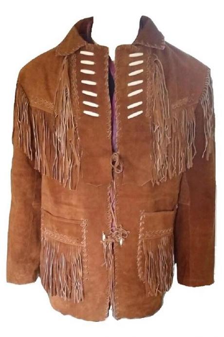 New Western Cowboy Brown Color Coat Collar Leather Fringe Men Biker Jacket