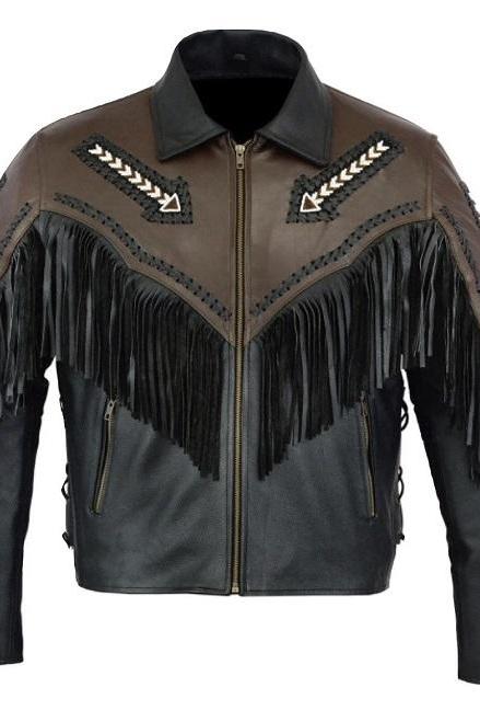 New Western Cowboy Black Dark Brown Color Coat Collar Leather Fringe Men Biker Jacket