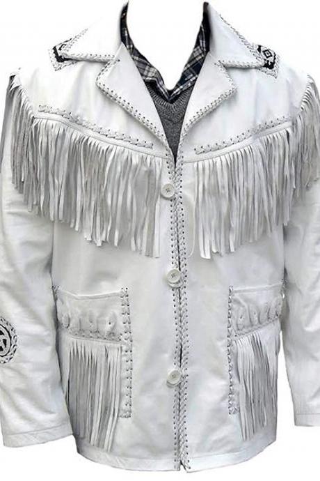 Men Western Cowboy Leather Jacket Coat With Fringes