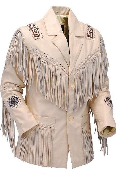 Men Cowboy Jacket Native American Fringed Beads Cream Leather Western Wear Coat