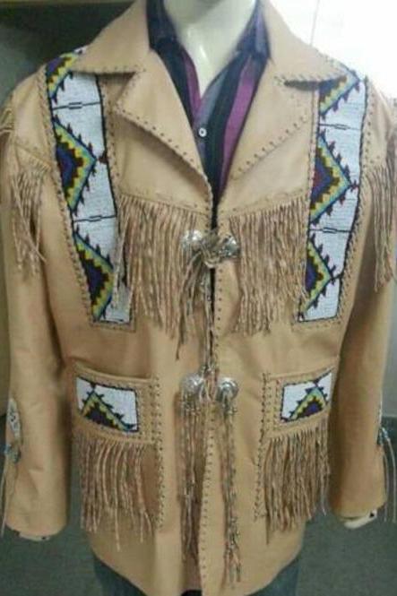Men Cowboy Jacket Native American Fringed Beads Cream Leather Western Wear Coat 
