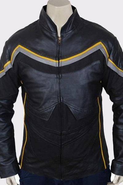 MEN SUPERHERO BLACK STRIP BIKER LEATHER JACKET