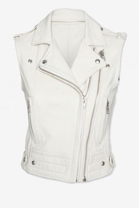 Men Leather Vest Coat White Color Fit For Biker