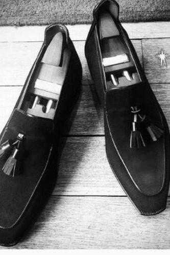 Handmade Men Black Color Suede Leather Tassels Shoes, Men Black Loafer Suede Moccasins