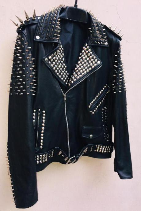 Handmade Jacket Women Classical Punk Style Leather Jacket Large Spike Sliver Studs