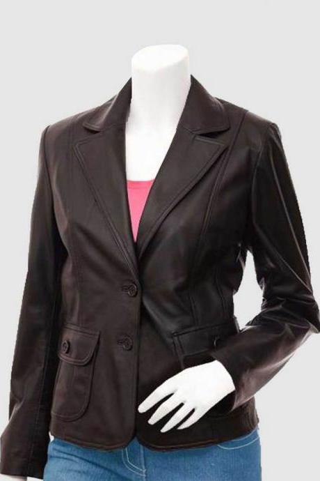 New Designed Women Two Button Leather Coat Dark Brown Color