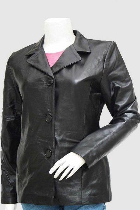 Designed Women Three Button Black Color Leather Blazer Leather Coat