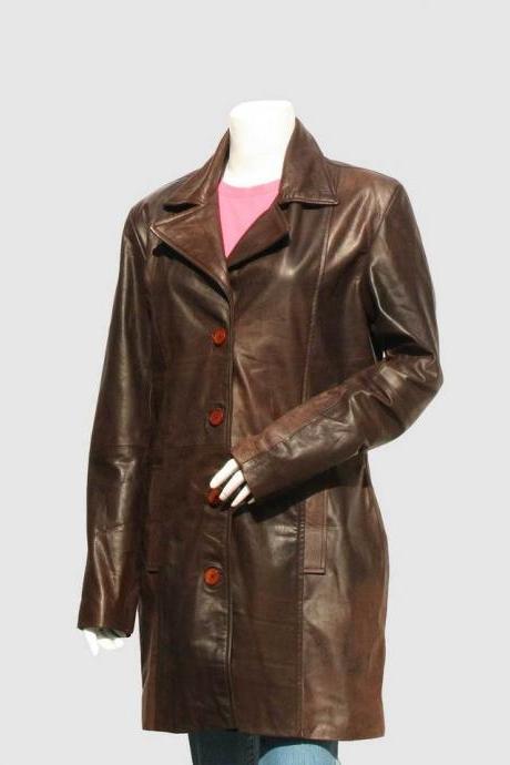 Long Trench Brown Color Leather Coat Button Closure Coat Collar For Women