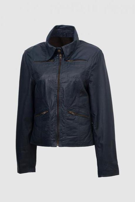 New Dark Blue Color Leather Jacket 4 Women Shirt Collar Four Pockets with Zip