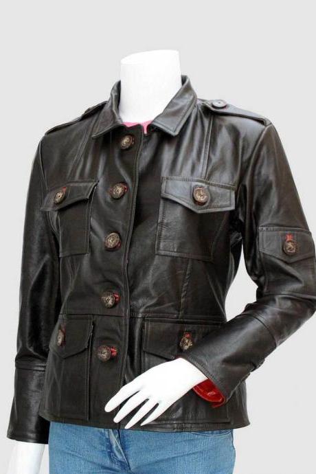 New Dark Brown Color Leather Jacket 4 Women Shirt Collar Five Pockets Button Closure