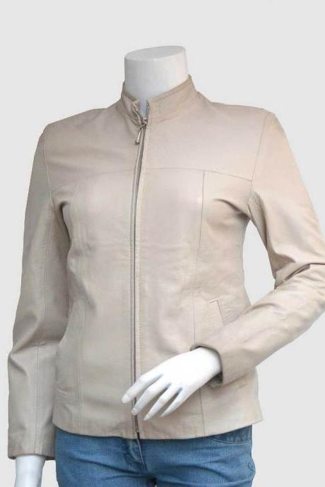 New Leather Jacket Beige Color For Women Lapel Collar Zipper Pockets & Closure 