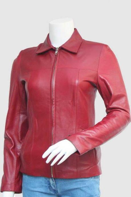 New Leather Jacket Maroon Color For Women Shirt Collar Zipper Closure 