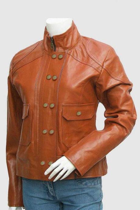 New Leather Jacket Tan Color For Women High Ban Collar Zipper & Button Closure 