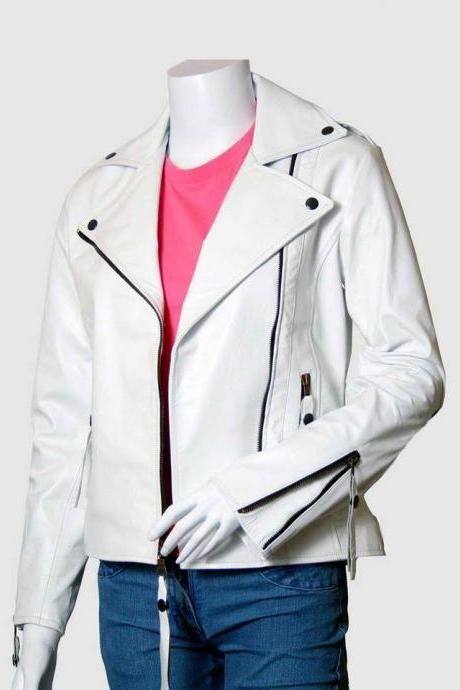 New Leather Jacket White Color For Women Lapel Collar Zipper pocket & Closure 