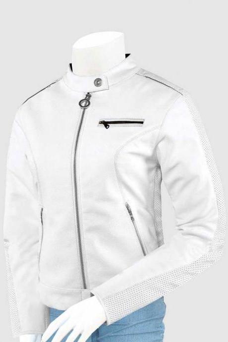 New Leather Biker Jacket White Color For Women Ban Collar Zipper pocket & Cuff Closure