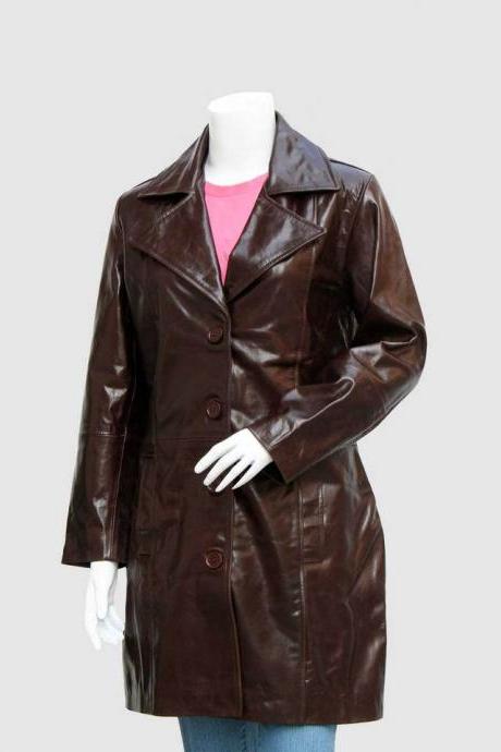 New Long Leather Coat Dark Brown Color For Women Lapel Collar Button Closure