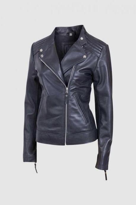 New Biker Leather Jacket Black Color For Women Lapel Collar Zipper Closure