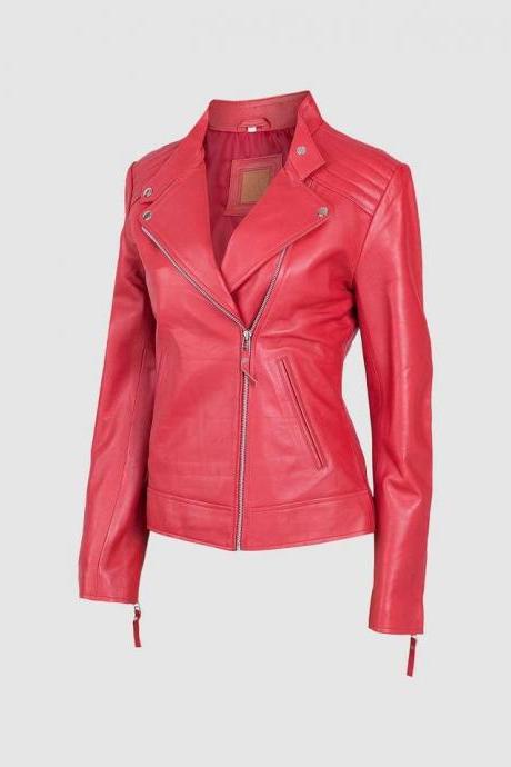 New Biker Leather Jacket Red Color For Women Lapel Collar Zipper Closure