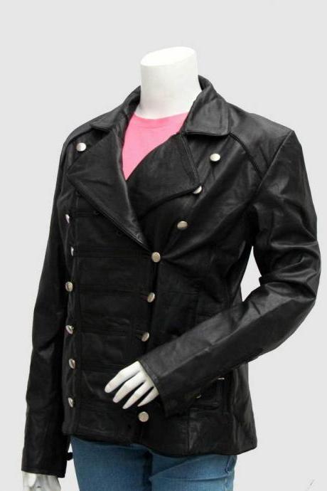 New Military Style Leather Jacket Black Color For Women Lapel Collar Button Closure