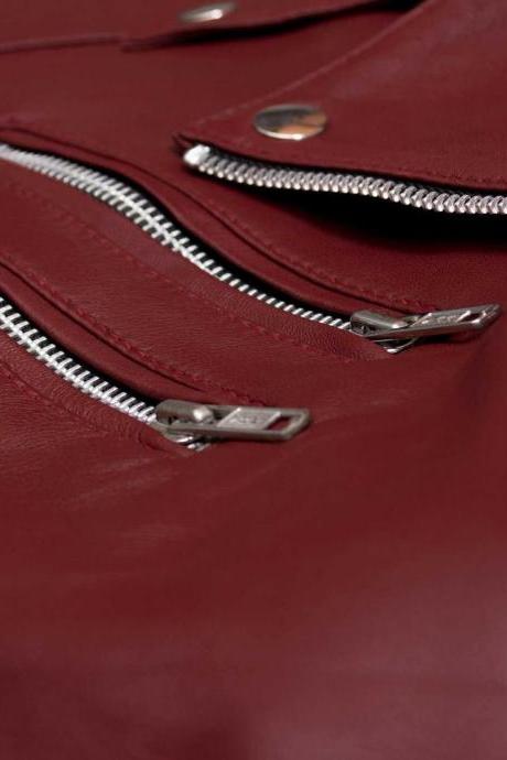 Women Biker Leather Jacket Maroon Color For Women Lapel Collar Zipper Pocket Closure