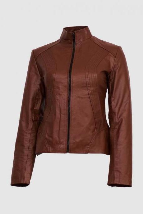 Women Biker Leather Jacket Black Color For Women Collarless Zipper Closure